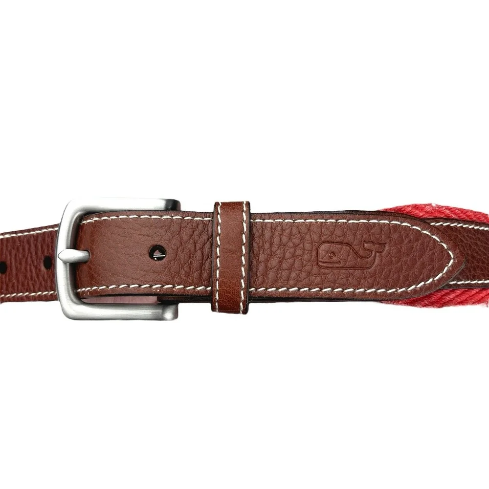Vineyard Vines Men's Belt Chevron Webbing Canvas Leather Jetty‎ Red Sz 44